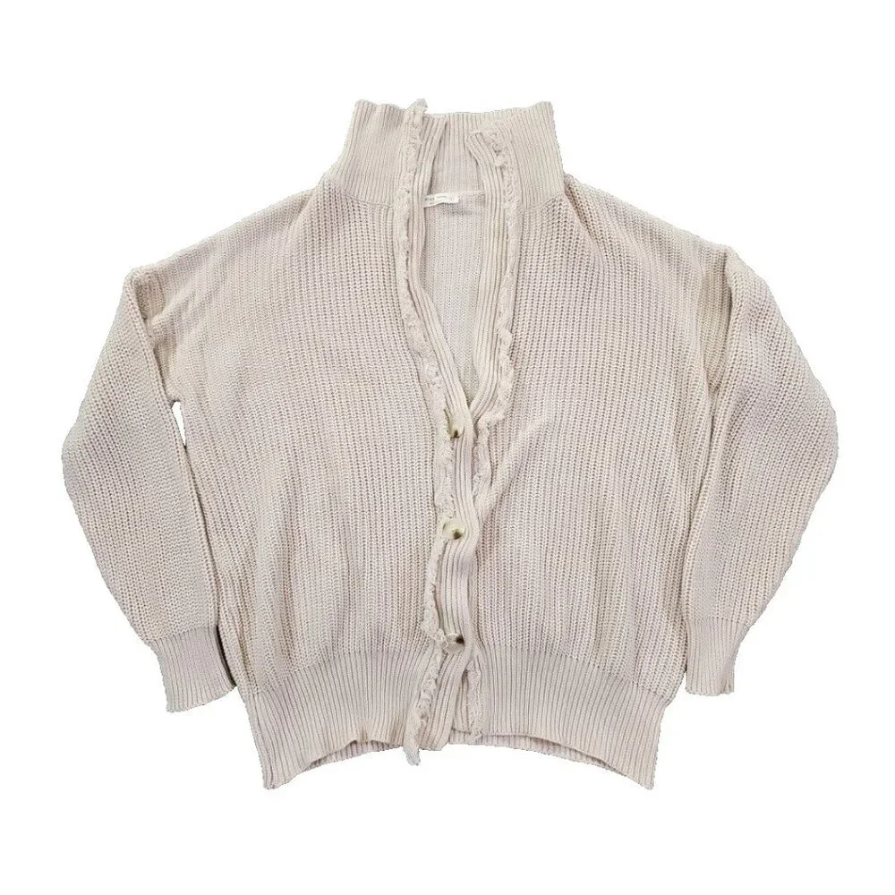 Miss Love Chunky Knit Fringe Button Cardigan Women's Size Large Tan EUC Gorpcore